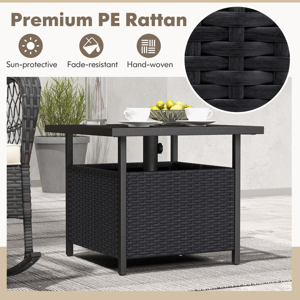 Features a sturdy and anti-rust frame made of powder-coated steel <br>Strong bearing capacity of up to 110 lbs <br>A reserved umbrella hole on the tabletop designed to hold umbrella poles with a diameter of up to 1.5 inches <br>Storage under the tabletop 