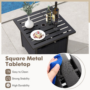 Features a sturdy and anti-rust frame made of powder-coated steel <br>Strong bearing capacity of up to 110 lbs <br>A reserved umbrella hole on the tabletop designed to hold umbrella poles with a diameter of up to 1.5 inches <br>Storage under the tabletop 