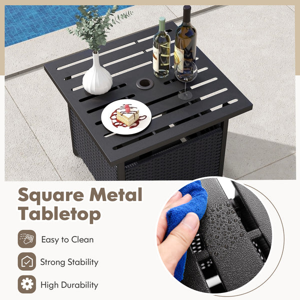 Features a sturdy and anti-rust frame made of powder-coated steel <br>Strong bearing capacity of up to 110 lbs <br>A reserved umbrella hole on the tabletop designed to hold umbrella poles with a diameter of up to 1.5 inches <br>Storage under the tabletop 