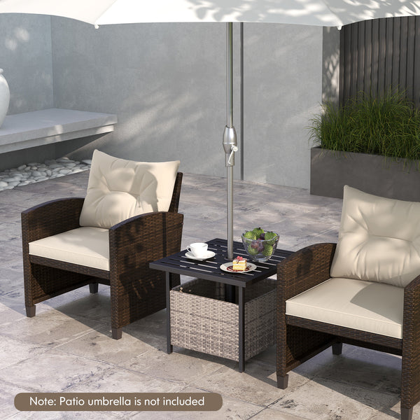 Features a sturdy and anti-rust frame made of powder-coated steel <br>Strong bearing capacity of up to 110 lbs <br>A reserved umbrella hole on the tabletop designed to hold umbrella poles with a diameter of up to 1.5 inches <br>Storage under the tabletop 