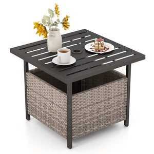Features a sturdy and anti-rust frame made of powder-coated steel <br>Strong bearing capacity of up to 110 lbs <br>A reserved umbrella hole on the tabletop designed to hold umbrella poles with a diameter of up to 1.5 inches <br>Storage under the tabletop 