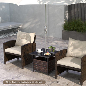 Features a sturdy and anti-rust frame made of powder-coated steel <br>Strong bearing capacity of up to 110 lbs <br>A reserved umbrella hole on the tabletop designed to hold umbrella poles with a diameter of up to 1.5 inches <br>Storage under the tabletop 
