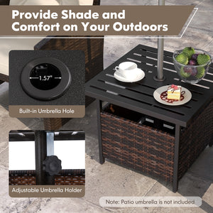 Features a sturdy and anti-rust frame made of powder-coated steel <br>Strong bearing capacity of up to 110 lbs <br>A reserved umbrella hole on the tabletop designed to hold umbrella poles with a diameter of up to 1.5 inches <br>Storage under the tabletop 