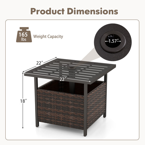 Features a sturdy and anti-rust frame made of powder-coated steel <br>Strong bearing capacity of up to 110 lbs <br>A reserved umbrella hole on the tabletop designed to hold umbrella poles with a diameter of up to 1.5 inches <br>Storage under the tabletop 