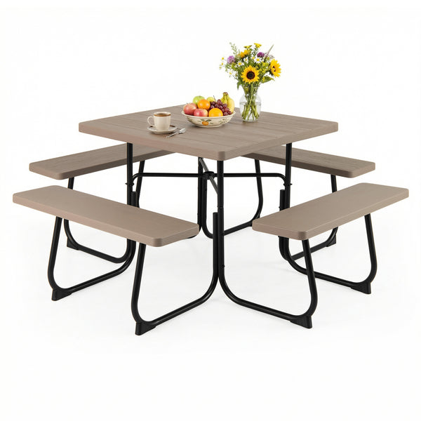4 built-in benches that seat up to 8<br>Spacious tabletop offering plenty of space for food  drinks  and other essentials<br>1.9" diameter umbrella hole for adding a sunshade or parasol<br>Made from high-quality HDPE material for superior stability and du