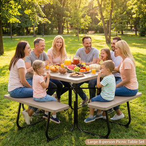 4 built-in benches that seat up to 8<br>Spacious tabletop offering plenty of space for food  drinks  and other essentials<br>1.9" diameter umbrella hole for adding a sunshade or parasol<br>Made from high-quality HDPE material for superior stability and du