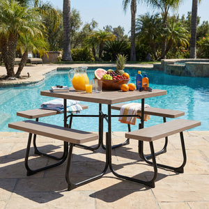 4 built-in benches that seat up to 8<br>Spacious tabletop offering plenty of space for food  drinks  and other essentials<br>1.9" diameter umbrella hole for adding a sunshade or parasol<br>Made from high-quality HDPE material for superior stability and du