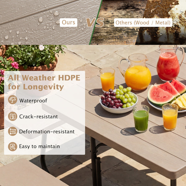 4 built-in benches that seat up to 8<br>Spacious tabletop offering plenty of space for food  drinks  and other essentials<br>1.9" diameter umbrella hole for adding a sunshade or parasol<br>Made from high-quality HDPE material for superior stability and du