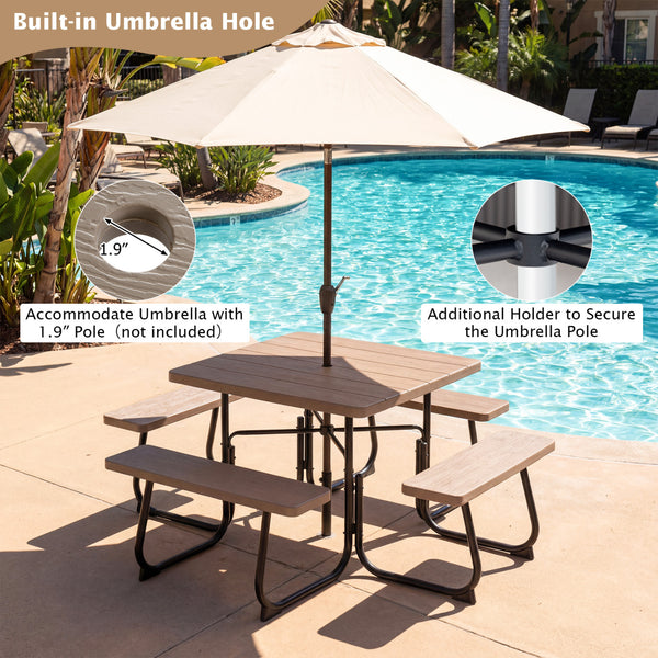 4 built-in benches that seat up to 8<br>Spacious tabletop offering plenty of space for food  drinks  and other essentials<br>1.9" diameter umbrella hole for adding a sunshade or parasol<br>Made from high-quality HDPE material for superior stability and du