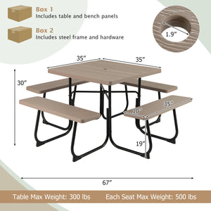 4 built-in benches that seat up to 8<br>Spacious tabletop offering plenty of space for food  drinks  and other essentials<br>1.9" diameter umbrella hole for adding a sunshade or parasol<br>Made from high-quality HDPE material for superior stability and du
