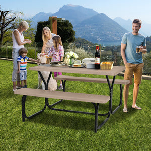 Made of non-toxic and odorless HDPE material to serve for years <br>Smooth surface with the natural wood grain to be a great addition to outdoors <br>Integrated metal frame with high strength to be sturdy without deformation <br>Thick 2 inches table holds