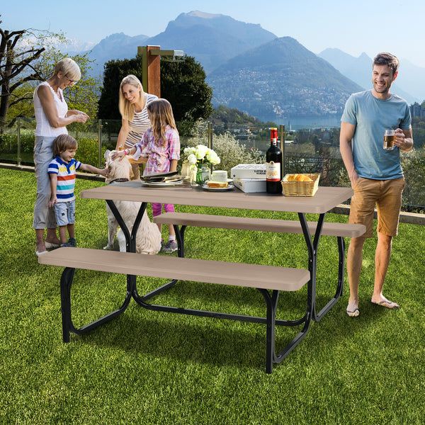 Made of non-toxic and odorless HDPE material to serve for years <br>Smooth surface with the natural wood grain to be a great addition to outdoors <br>Integrated metal frame with high strength to be sturdy without deformation <br>Thick 2 inches table holds