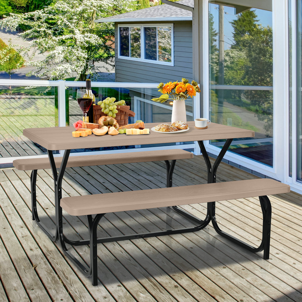 Made of non-toxic and odorless HDPE material to serve for years <br>Smooth surface with the natural wood grain to be a great addition to outdoors <br>Integrated metal frame with high strength to be sturdy without deformation <br>Thick 2 inches table holds