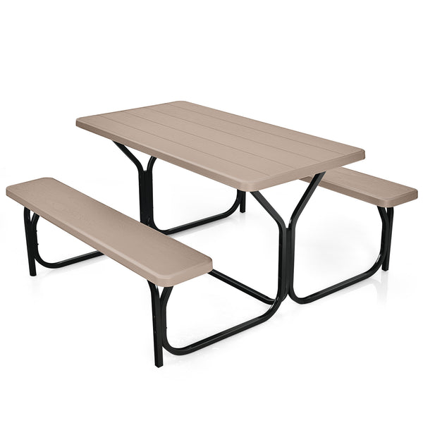 Made of non-toxic and odorless HDPE material to serve for years <br>Smooth surface with the natural wood grain to be a great addition to outdoors <br>Integrated metal frame with high strength to be sturdy without deformation <br>Thick 2 inches table holds