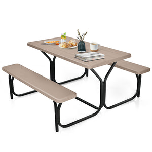 Made of non-toxic and odorless HDPE material to serve for years <br>Smooth surface with the natural wood grain to be a great addition to outdoors <br>Integrated metal frame with high strength to be sturdy without deformation <br>Thick 2 inches table holds