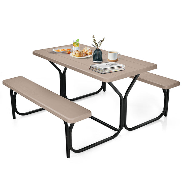 Made of non-toxic and odorless HDPE material to serve for years <br>Smooth surface with the natural wood grain to be a great addition to outdoors <br>Integrated metal frame with high strength to be sturdy without deformation <br>Thick 2 inches table holds