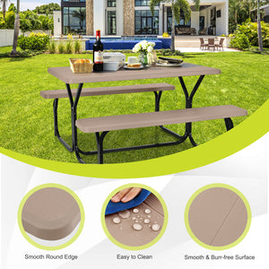 Made of non-toxic and odorless HDPE material to serve for years <br>Smooth surface with the natural wood grain to be a great addition to outdoors <br>Integrated metal frame with high strength to be sturdy without deformation <br>Thick 2 inches table holds