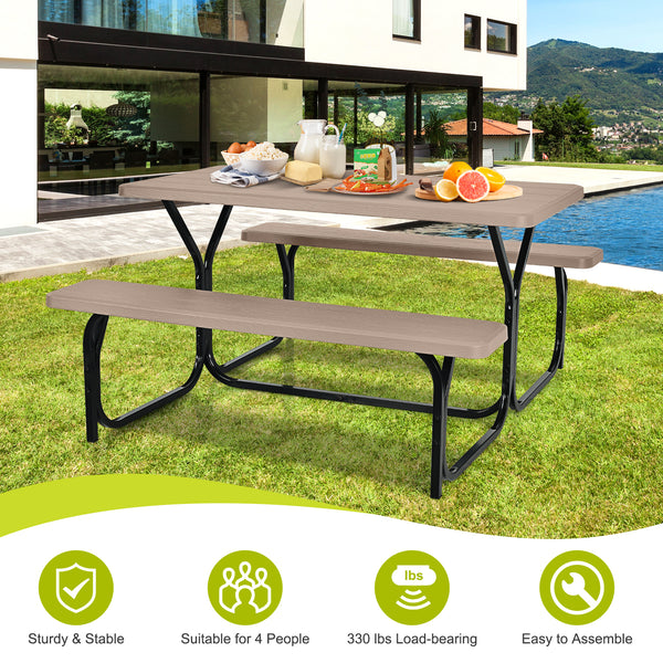 Made of non-toxic and odorless HDPE material to serve for years <br>Smooth surface with the natural wood grain to be a great addition to outdoors <br>Integrated metal frame with high strength to be sturdy without deformation <br>Thick 2 inches table holds
