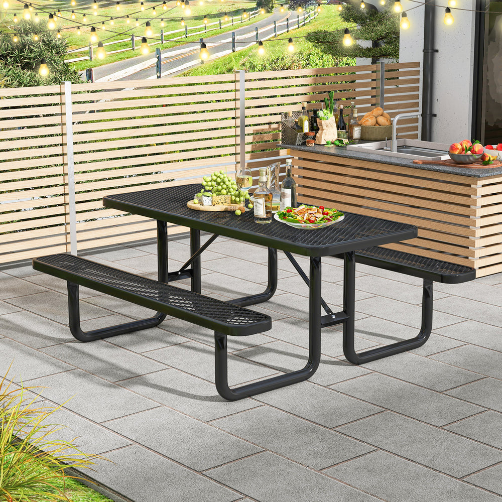 Thermoplastic coated metal mesh is rustproof and waterproof <br>Thoughtful mesh grid prevents water-logging for extended lifespan<br>Large table and two 72" long benches can hold up to 8 people<br>Sturdy metal structure ensures each bench can hold up to 9