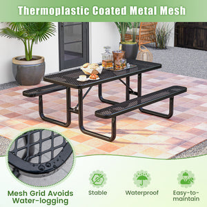 Thermoplastic coated metal mesh is rustproof and waterproof <br>Thoughtful mesh grid prevents water-logging for extended lifespan<br>Large table and two 72" long benches can hold up to 8 people<br>Sturdy metal structure ensures each bench can hold up to 9