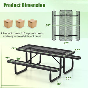 Thermoplastic coated metal mesh is rustproof and waterproof <br>Thoughtful mesh grid prevents water-logging for extended lifespan<br>Large table and two 72" long benches can hold up to 8 people<br>Sturdy metal structure ensures each bench can hold up to 9