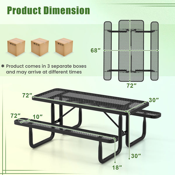Thermoplastic coated metal mesh is rustproof and waterproof <br>Thoughtful mesh grid prevents water-logging for extended lifespan<br>Large table and two 72" long benches can hold up to 8 people<br>Sturdy metal structure ensures each bench can hold up to 9