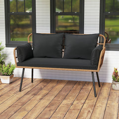 Exquisite PE wicker enhances the beauty and durability<br>Elastic sponge cushions provide soft and comfortable seating<br>Removable zippered covers allow easy  convenient cleaning<br>Spacious 46.5" bench comfortably seats 2 people<br>Ergonomic design incl
