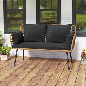 Exquisite PE wicker enhances the beauty and durability<br>Elastic sponge cushions provide soft and comfortable seating<br>Removable zippered covers allow easy  convenient cleaning<br>Spacious 46.5" bench comfortably seats 2 people<br>Ergonomic design incl