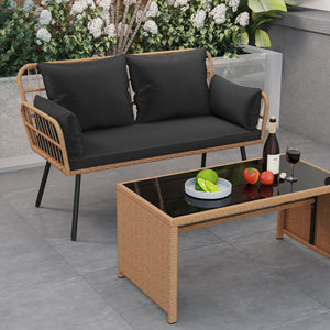 Exquisite PE wicker enhances the beauty and durability<br>Elastic sponge cushions provide soft and comfortable seating<br>Removable zippered covers allow easy  convenient cleaning<br>Spacious 46.5" bench comfortably seats 2 people<br>Ergonomic design incl