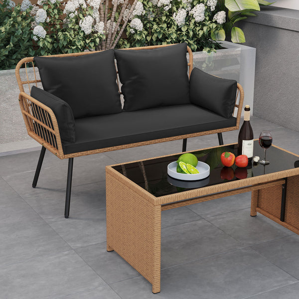 Exquisite PE wicker enhances the beauty and durability<br>Elastic sponge cushions provide soft and comfortable seating<br>Removable zippered covers allow easy  convenient cleaning<br>Spacious 46.5" bench comfortably seats 2 people<br>Ergonomic design incl