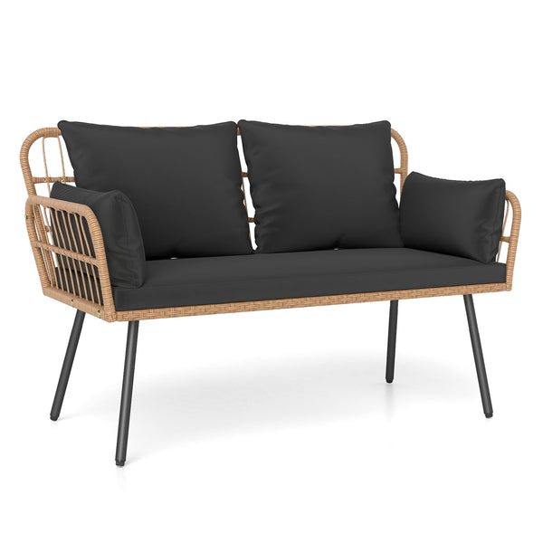 Exquisite PE wicker enhances the beauty and durability<br>Elastic sponge cushions provide soft and comfortable seating<br>Removable zippered covers allow easy  convenient cleaning<br>Spacious 46.5" bench comfortably seats 2 people<br>Ergonomic design incl