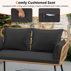 Exquisite PE wicker enhances the beauty and durability<br>Elastic sponge cushions provide soft and comfortable seating<br>Removable zippered covers allow easy  convenient cleaning<br>Spacious 46.5" bench comfortably seats 2 people<br>Ergonomic design incl