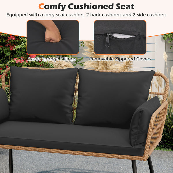 Exquisite PE wicker enhances the beauty and durability<br>Elastic sponge cushions provide soft and comfortable seating<br>Removable zippered covers allow easy  convenient cleaning<br>Spacious 46.5" bench comfortably seats 2 people<br>Ergonomic design incl