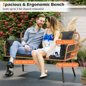 Exquisite PE wicker enhances the beauty and durability<br>Elastic sponge cushions provide soft and comfortable seating<br>Removable zippered covers allow easy  convenient cleaning<br>Spacious 46.5" bench comfortably seats 2 people<br>Ergonomic design incl