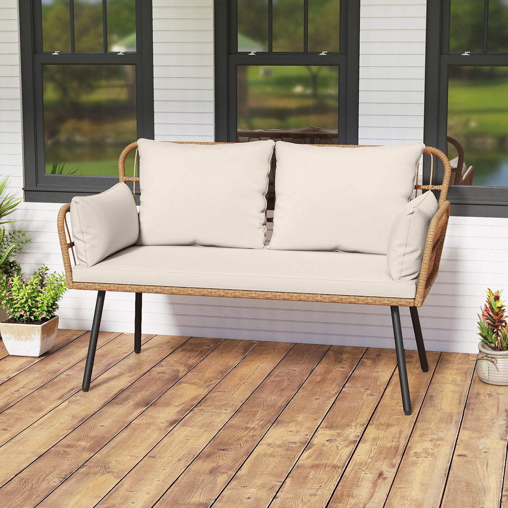 Exquisite PE wicker enhances the beauty and durability<br>Elastic sponge cushions provide soft and comfortable seating<br>Removable zippered covers allow easy  convenient cleaning<br>Spacious 46.5" bench comfortably seats 2 people<br>Ergonomic design incl