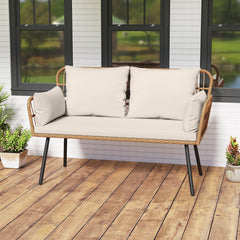 Exquisite PE wicker enhances the beauty and durability<br>Elastic sponge cushions provide soft and comfortable seating<br>Removable zippered covers allow easy  convenient cleaning<br>Spacious 46.5" bench comfortably seats 2 people<br>Ergonomic design incl