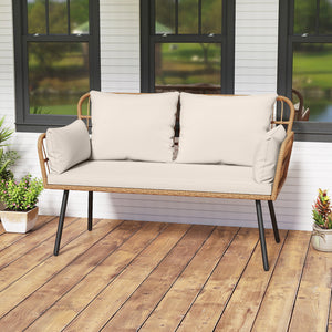 Exquisite PE wicker enhances the beauty and durability<br>Elastic sponge cushions provide soft and comfortable seating<br>Removable zippered covers allow easy  convenient cleaning<br>Spacious 46.5" bench comfortably seats 2 people<br>Ergonomic design incl
