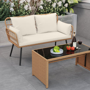 Exquisite PE wicker enhances the beauty and durability<br>Elastic sponge cushions provide soft and comfortable seating<br>Removable zippered covers allow easy  convenient cleaning<br>Spacious 46.5" bench comfortably seats 2 people<br>Ergonomic design incl