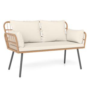 Exquisite PE wicker enhances the beauty and durability<br>Elastic sponge cushions provide soft and comfortable seating<br>Removable zippered covers allow easy  convenient cleaning<br>Spacious 46.5" bench comfortably seats 2 people<br>Ergonomic design incl