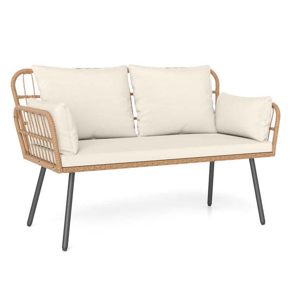 Exquisite PE wicker enhances the beauty and durability<br>Elastic sponge cushions provide soft and comfortable seating<br>Removable zippered covers allow easy  convenient cleaning<br>Spacious 46.5" bench comfortably seats 2 people<br>Ergonomic design incl