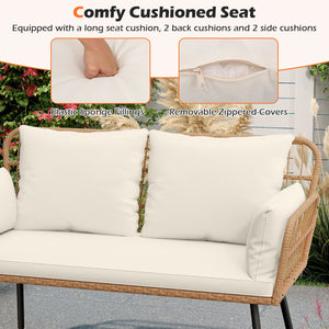 Exquisite PE wicker enhances the beauty and durability<br>Elastic sponge cushions provide soft and comfortable seating<br>Removable zippered covers allow easy  convenient cleaning<br>Spacious 46.5" bench comfortably seats 2 people<br>Ergonomic design incl