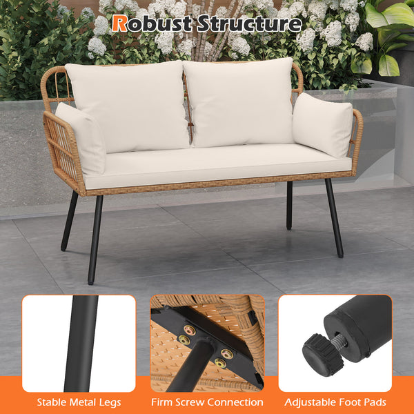 Exquisite PE wicker enhances the beauty and durability<br>Elastic sponge cushions provide soft and comfortable seating<br>Removable zippered covers allow easy  convenient cleaning<br>Spacious 46.5" bench comfortably seats 2 people<br>Ergonomic design incl