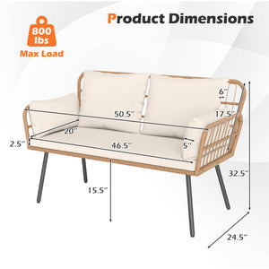 Exquisite PE wicker enhances the beauty and durability<br>Elastic sponge cushions provide soft and comfortable seating<br>Removable zippered covers allow easy  convenient cleaning<br>Spacious 46.5" bench comfortably seats 2 people<br>Ergonomic design incl