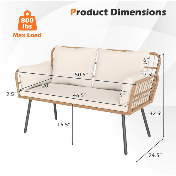 Exquisite PE wicker enhances the beauty and durability<br>Elastic sponge cushions provide soft and comfortable seating<br>Removable zippered covers allow easy  convenient cleaning<br>Spacious 46.5" bench comfortably seats 2 people<br>Ergonomic design incl