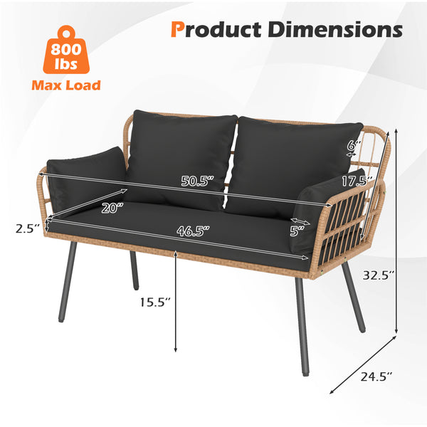Exquisite PE wicker enhances the beauty and durability<br>Elastic sponge cushions provide soft and comfortable seating<br>Removable zippered covers allow easy  convenient cleaning<br>Spacious 46.5" bench comfortably seats 2 people<br>Ergonomic design incl