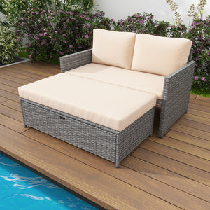 Crafted from premium mixed gray PE rattan for long-lasting elegance<br>Includes 2 back cushions  1 ottoman cushion and 1 seat cushion<br>Adjustable footpads of loveseat for higher stability<br>Zippered cushion covers offer easy maintenance<br>Ottoman cush