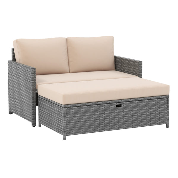 Crafted from premium mixed gray PE rattan for long-lasting elegance<br>Includes 2 back cushions  1 ottoman cushion and 1 seat cushion<br>Adjustable footpads of loveseat for higher stability<br>Zippered cushion covers offer easy maintenance<br>Ottoman cush