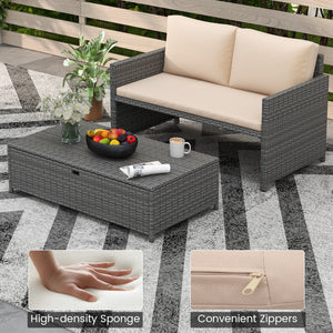Crafted from premium mixed gray PE rattan for long-lasting elegance<br>Includes 2 back cushions  1 ottoman cushion and 1 seat cushion<br>Adjustable footpads of loveseat for higher stability<br>Zippered cushion covers offer easy maintenance<br>Ottoman cush