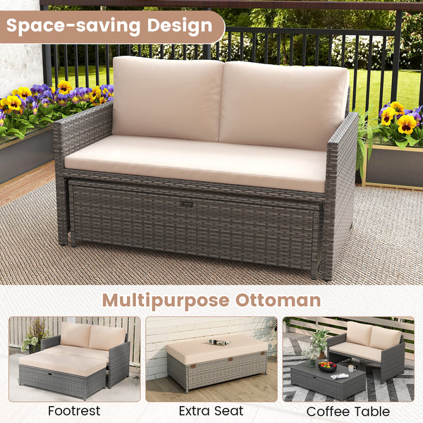 Crafted from premium mixed gray PE rattan for long-lasting elegance<br>Includes 2 back cushions  1 ottoman cushion and 1 seat cushion<br>Adjustable footpads of loveseat for higher stability<br>Zippered cushion covers offer easy maintenance<br>Ottoman cush