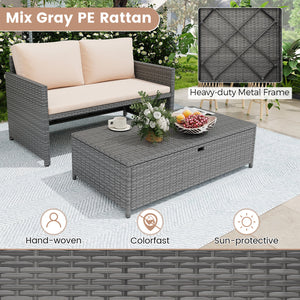 Crafted from premium mixed gray PE rattan for long-lasting elegance<br>Includes 2 back cushions  1 ottoman cushion and 1 seat cushion<br>Adjustable footpads of loveseat for higher stability<br>Zippered cushion covers offer easy maintenance<br>Ottoman cush